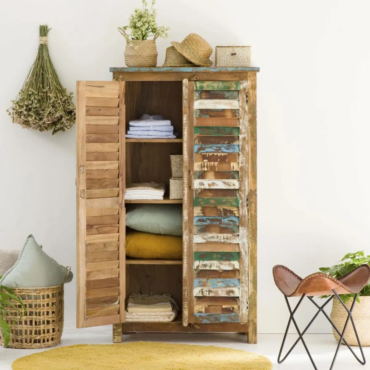 Made in Meubles Armoire à lattes en bois coloré Ethnik