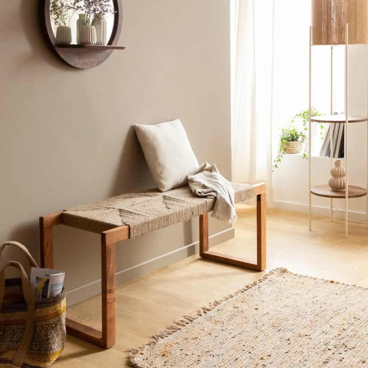 Made in Meubles Banc en bois d'acacia et laine Marietta