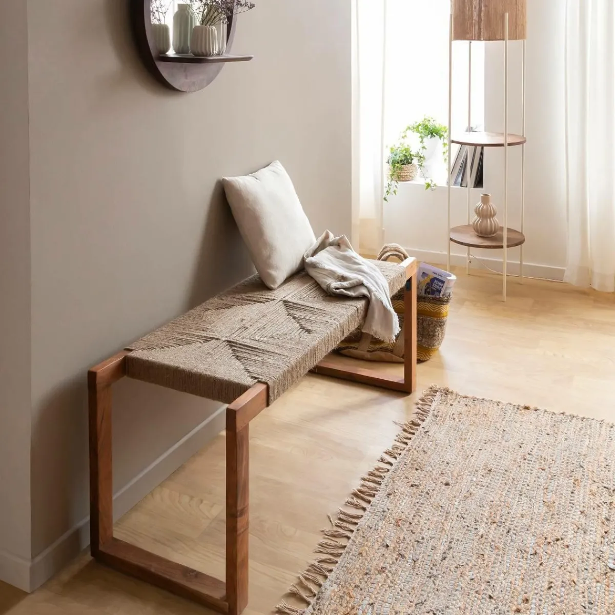 Made in Meubles Banc en bois d'acacia et laine Marietta