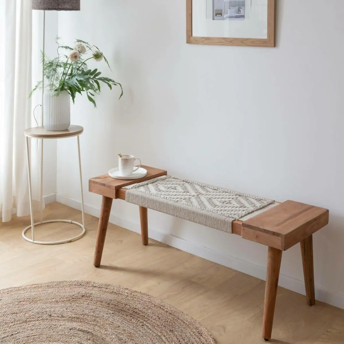 Made in Meubles Banc en bois de manguier tissage Bertille