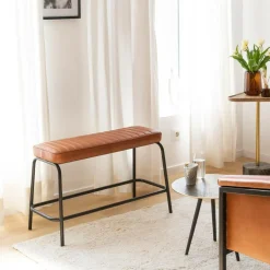 Made in Meubles Banc en cuir marron et métal noir Lucien