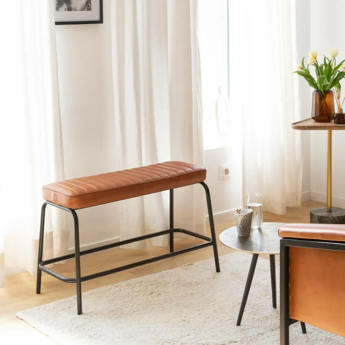 Made in Meubles Banc en cuir marron et métal noir Lucien