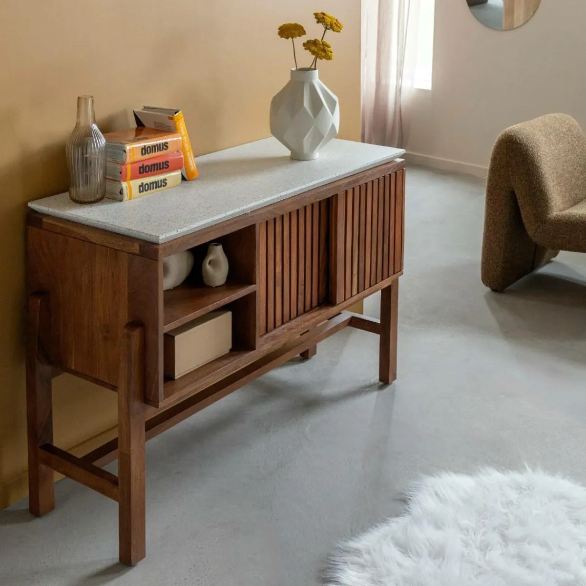Made in Meubles Buffet 2 portes en bois d'acacia et terrazzo Kaelis