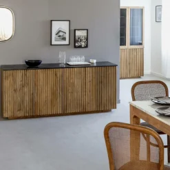 Made in Meubles Buffet 4 portes en bois de manguier et marbre Betty