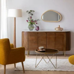 Made in Meubles Buffet arrondi en bois de manguier et marbre Sienne