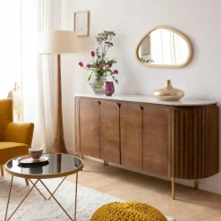 Made in Meubles Buffet arrondi en bois de manguier et marbre Sienne