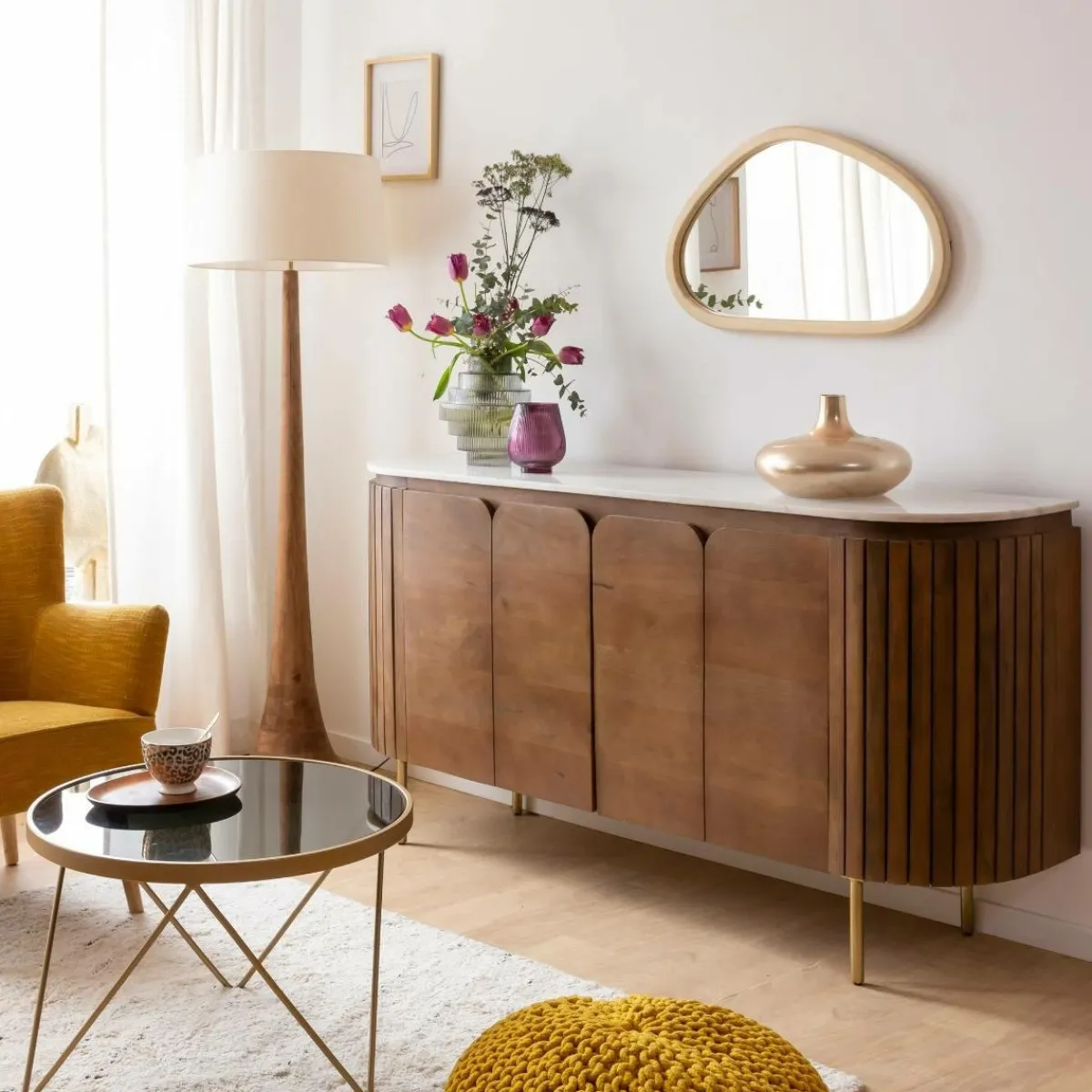 Made in Meubles Buffet arrondi en bois de manguier et marbre Sienne