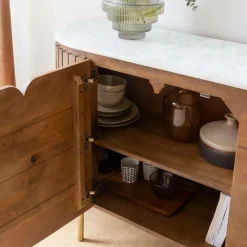 Made in Meubles Buffet arrondi en bois de manguier et marbre Sienne