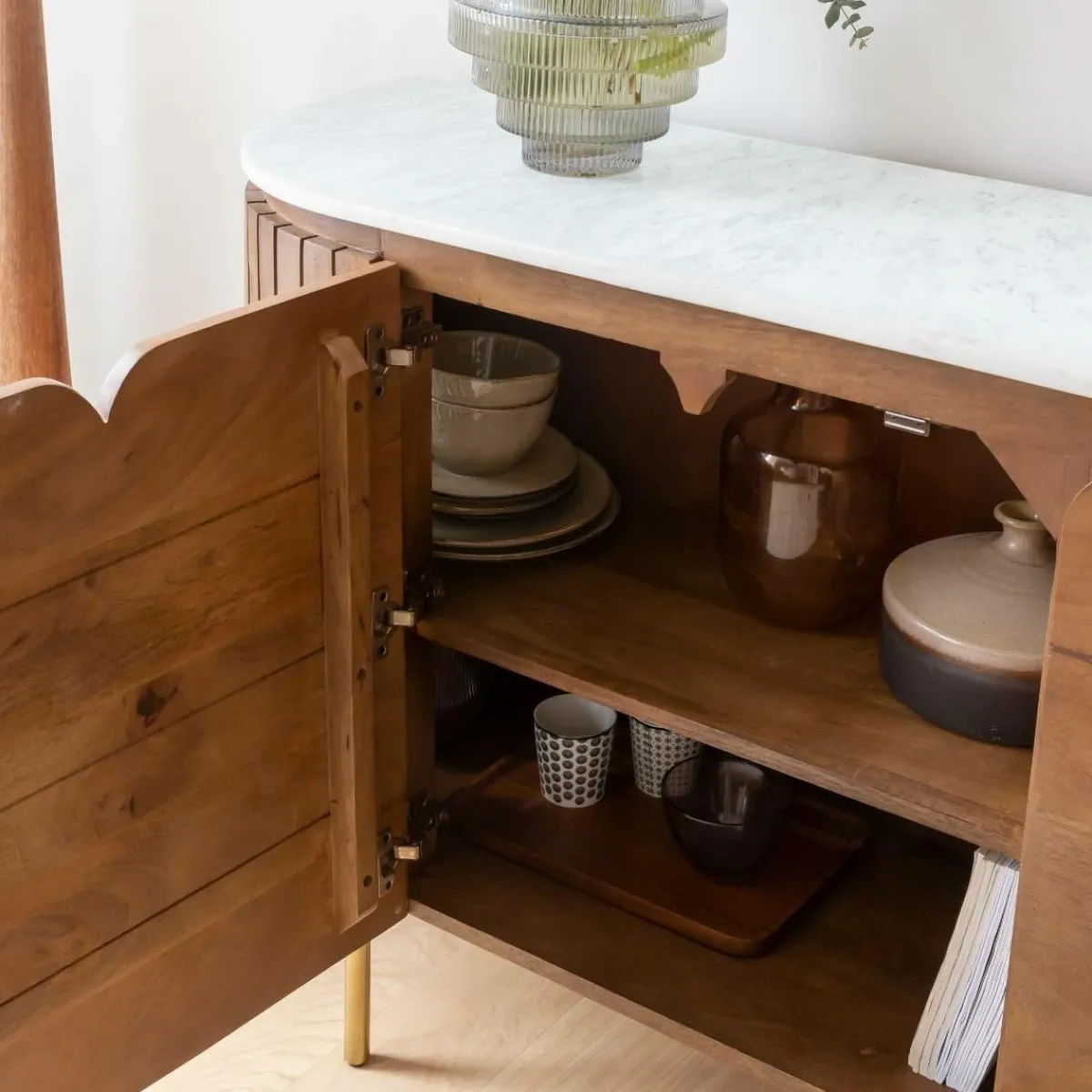 Made in Meubles Buffet arrondi en bois de manguier et marbre Sienne