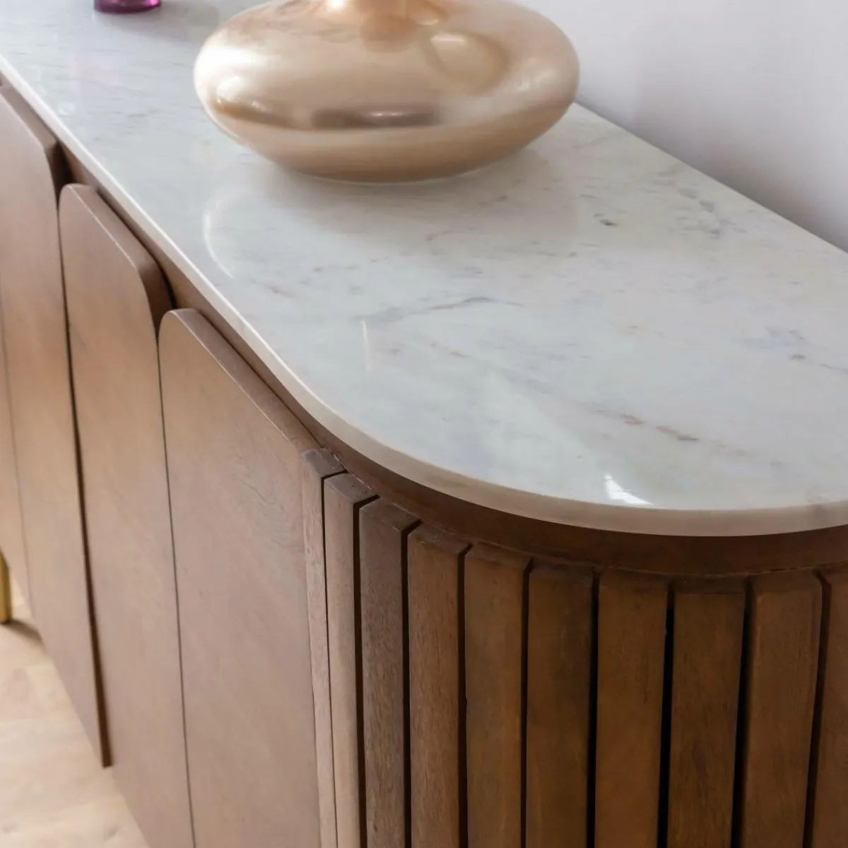 Made in Meubles Buffet arrondi en bois de manguier et marbre Sienne