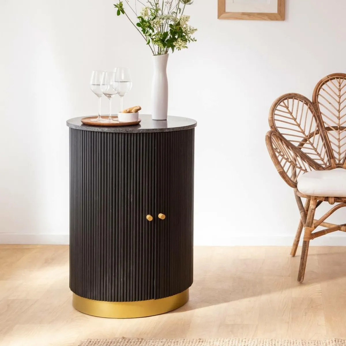 Made in Meubles Buffet bar en bois de manguier et marbre Isaac