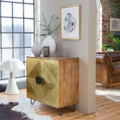Made in Meubles Buffet carré en bois de manguier et feuille de laiton Gisèle