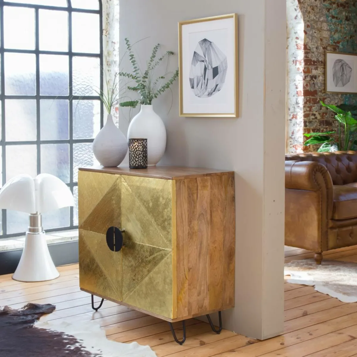 Made in Meubles Buffet carré en bois de manguier et feuille de laiton Gisèle