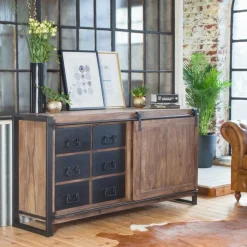 Made in Meubles Buffet en bois d'acacia avec porte coulissante Havana