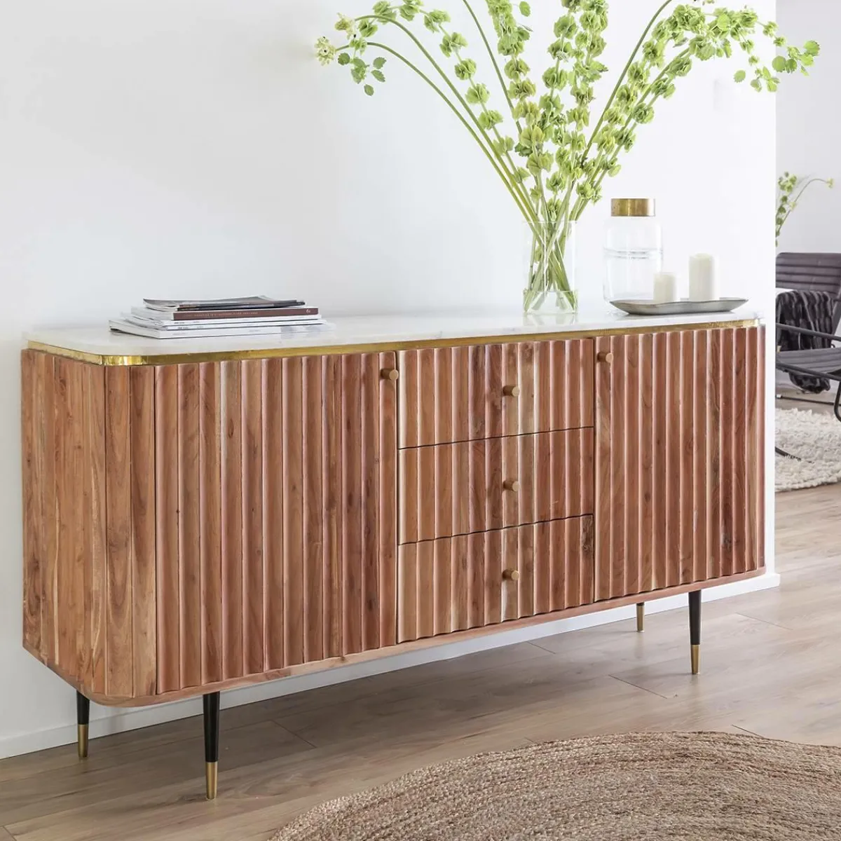 Made in Meubles Buffet en bois d'acacia et marbre blanc Judith