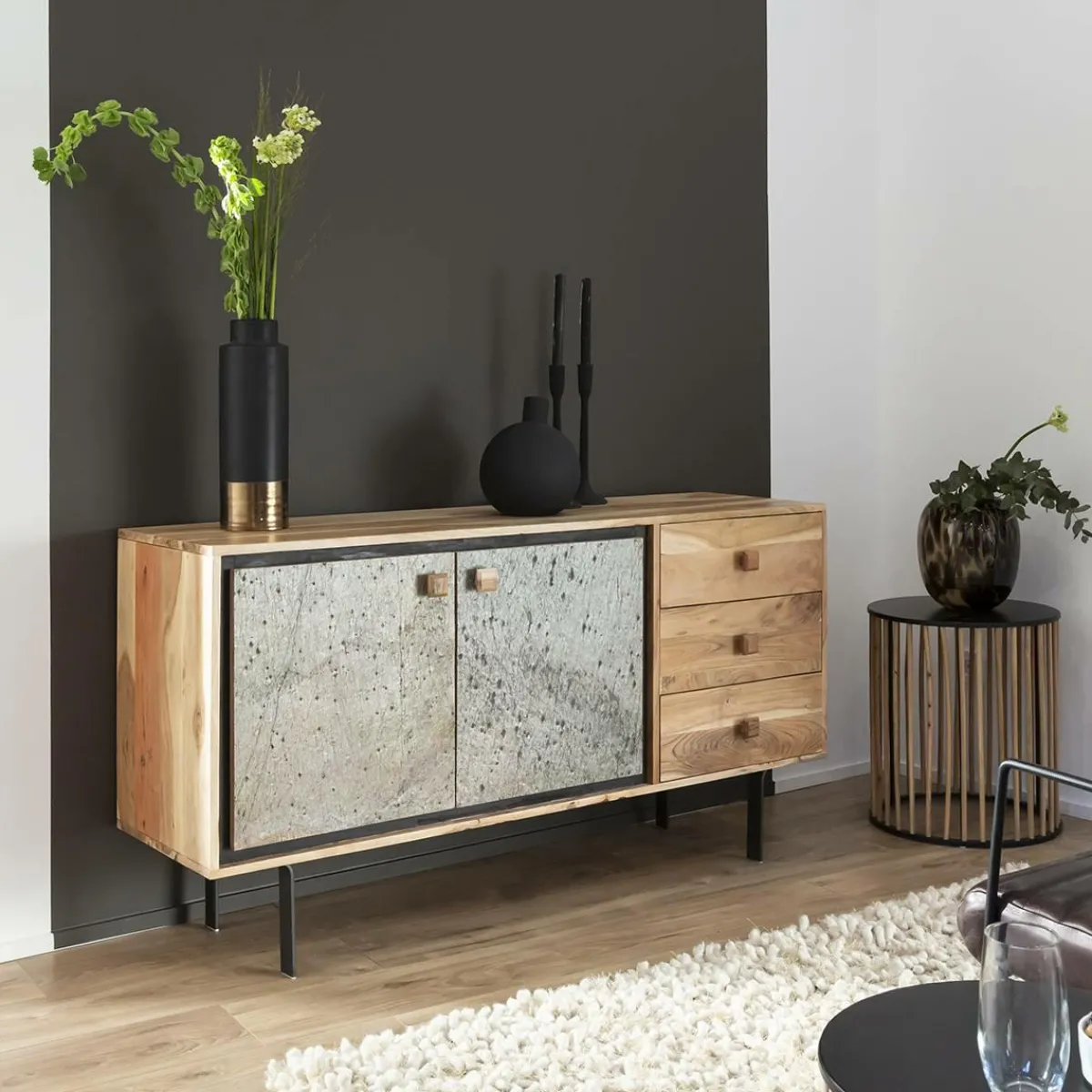 Made in Meubles Buffet en bois d'acacia et pierre Côme