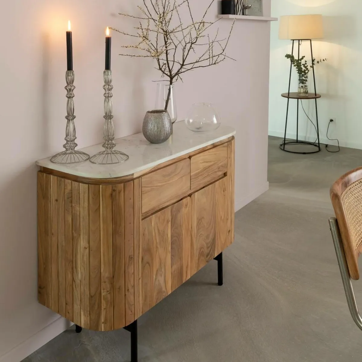 Made in Meubles Buffet en bois d'acacia et en marbre blanc Rick