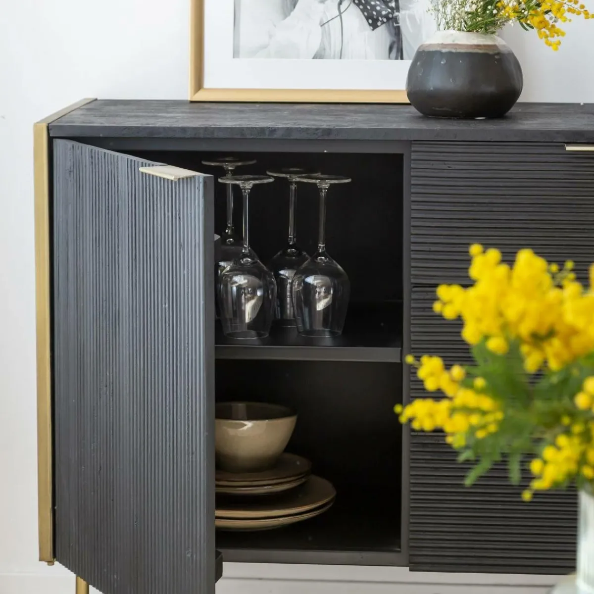 Made in Meubles Buffet en bois de manguier et métal doré Ange