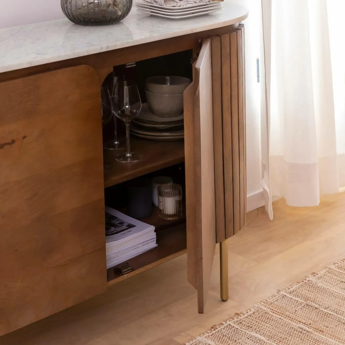 Made in Meubles Buffet en bois de manguier et marbre Sienne