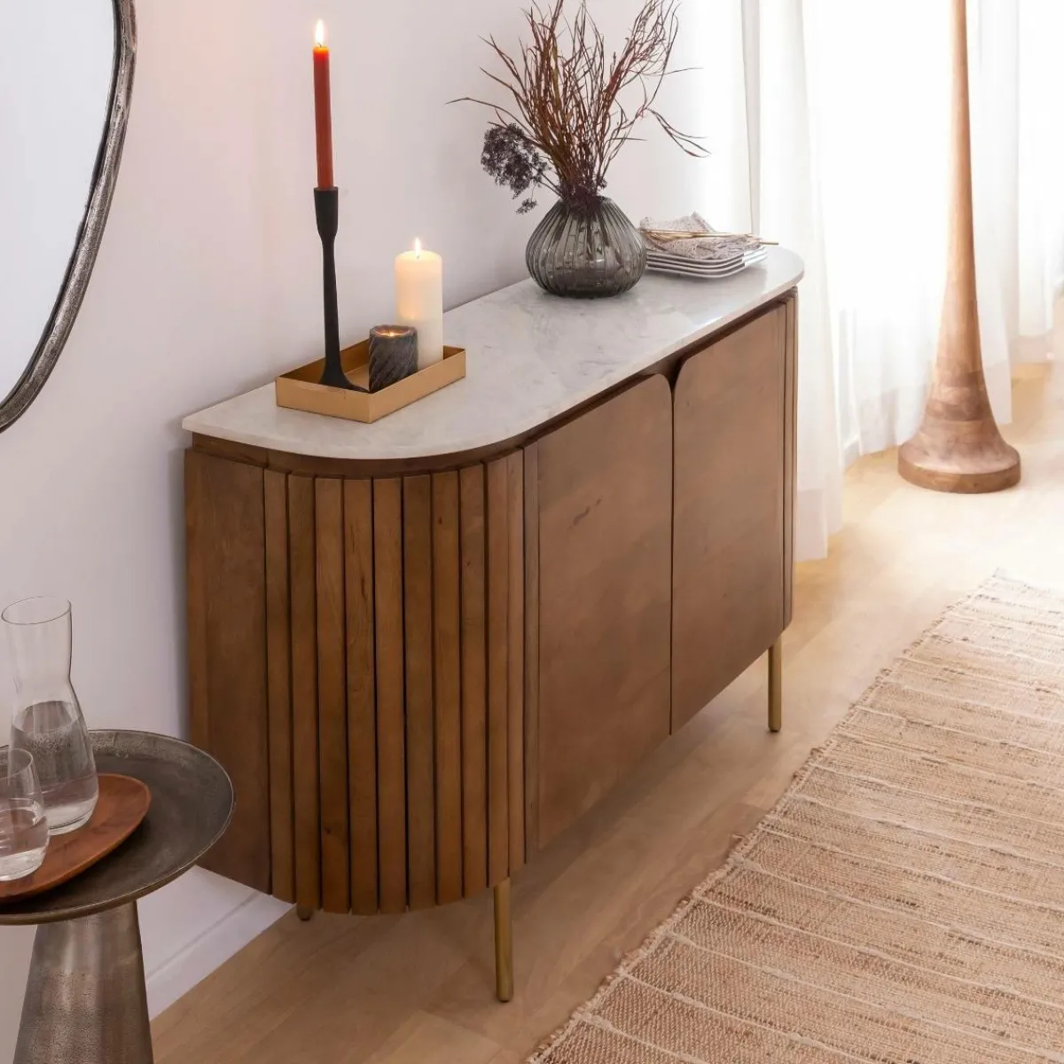 Made in Meubles Buffet en bois de manguier et marbre Sienne