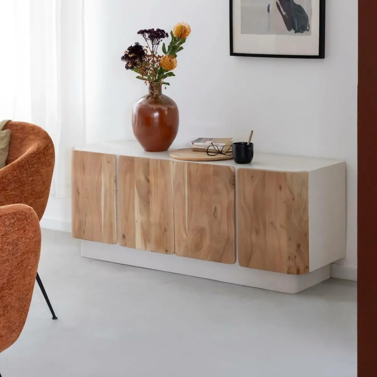 Made in Meubles Buffet en bois de manguier blanchi et portes en acacia Mary