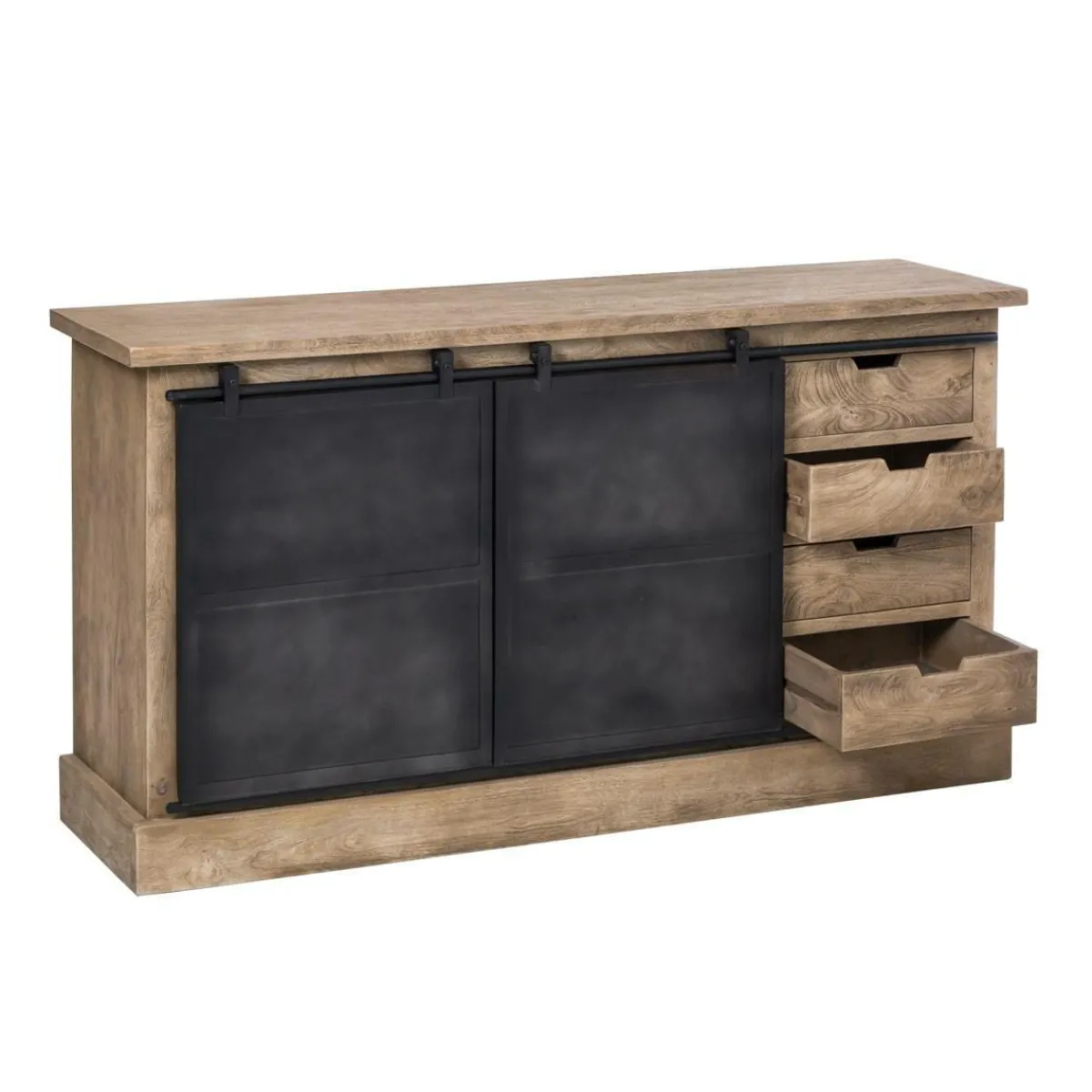 Made in Meubles Buffet en bois de manguier brossé et métal gris foncé 4 tiroirs Helsinki