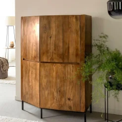 Made in Meubles Buffet haut en bois de manguier clair et travertin Josh