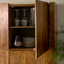 Made in Meubles Buffet haut en bois de manguier clair et travertin Josh