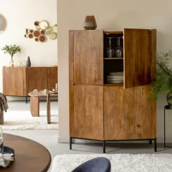 Made in Meubles Buffet haut en bois de manguier et travertin Azure