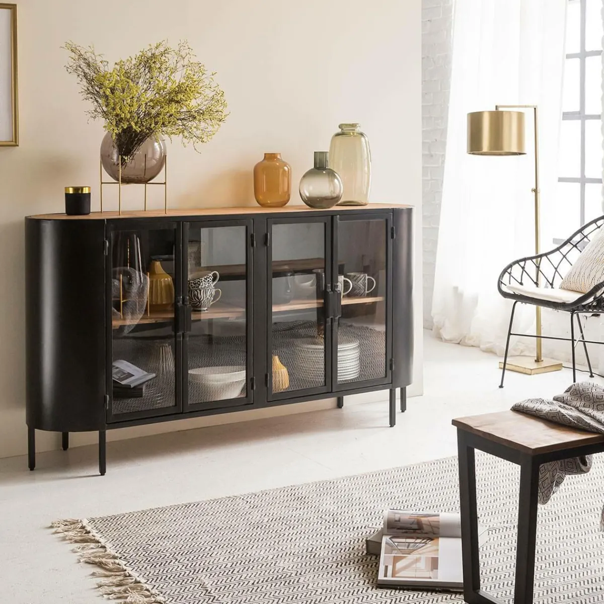 Made in Meubles Buffet vitrine en métal Achille