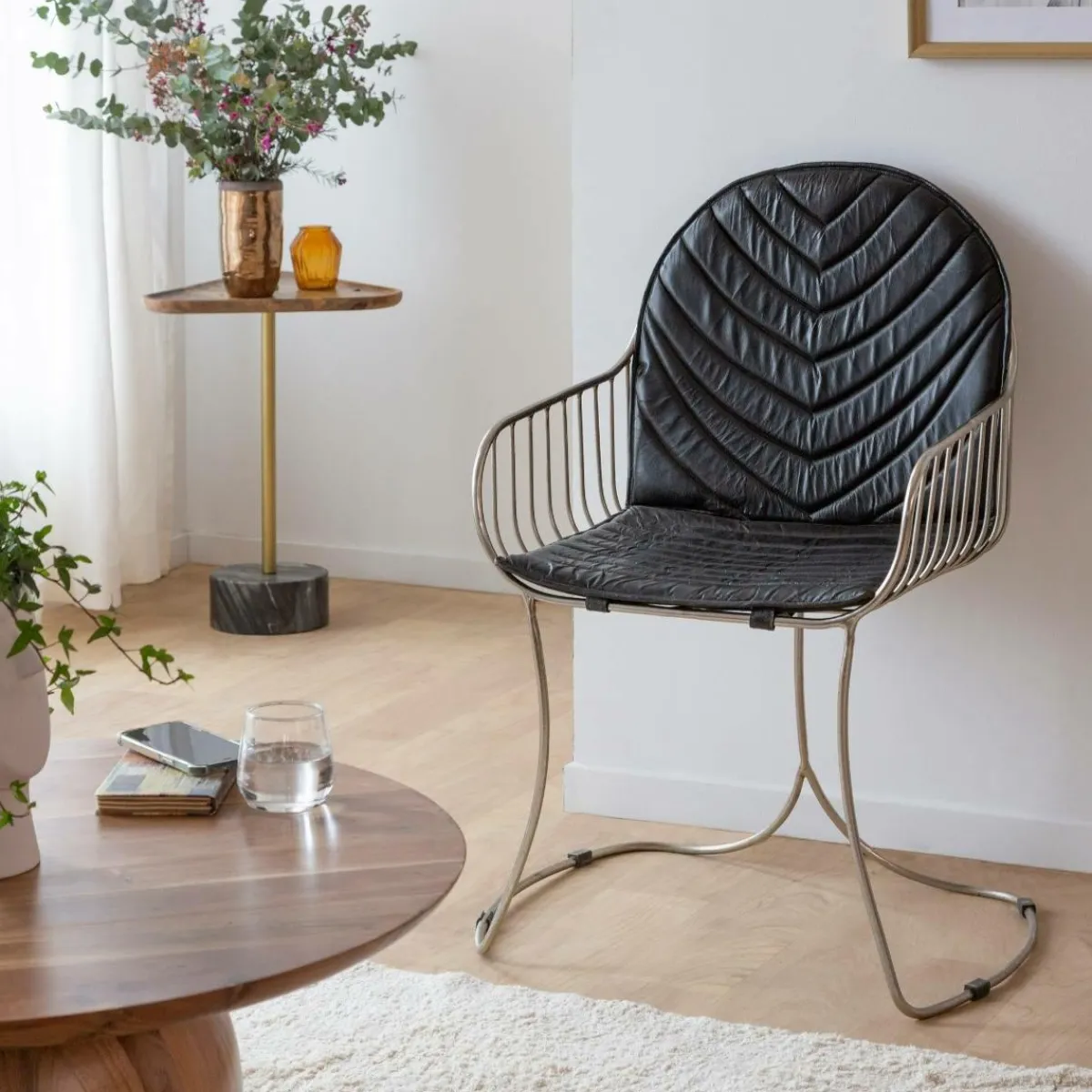 Made in Meubles Chaise en cuir et métal noir Heidi