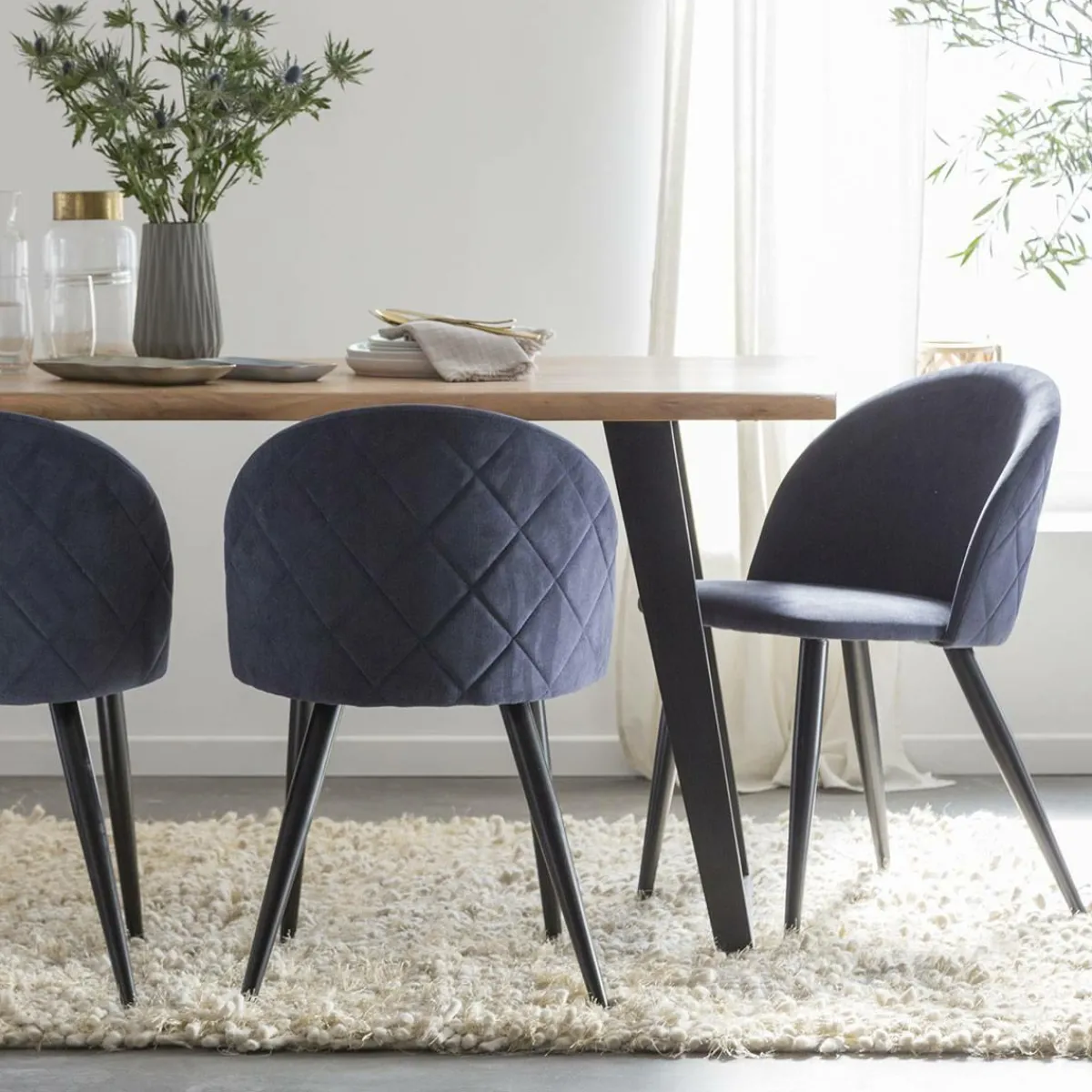 Made in Meubles Chaise en tissu bleu marine et métal Jasmine (lot de 2)