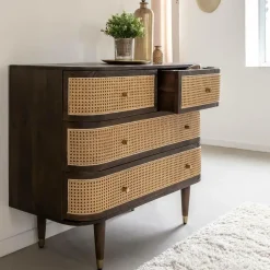 Made in Meubles Commode 4 tiroirs en bois de manguier et cannage Soren