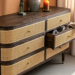 Made in Meubles Commode 6 tiroirs en bois de manguier et cannage Soren