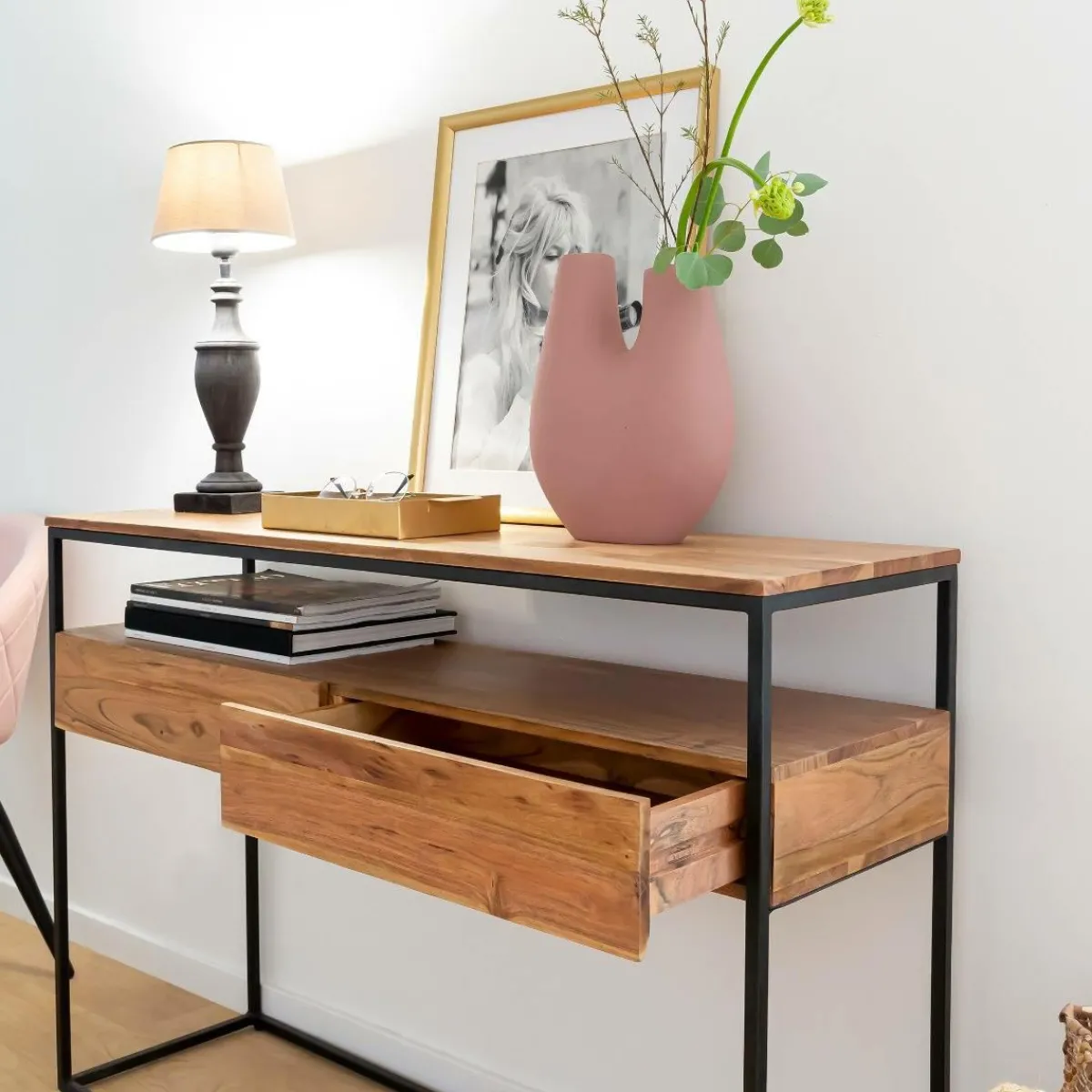 Made in Meubles Console en bois d'acacia et métal Etienne