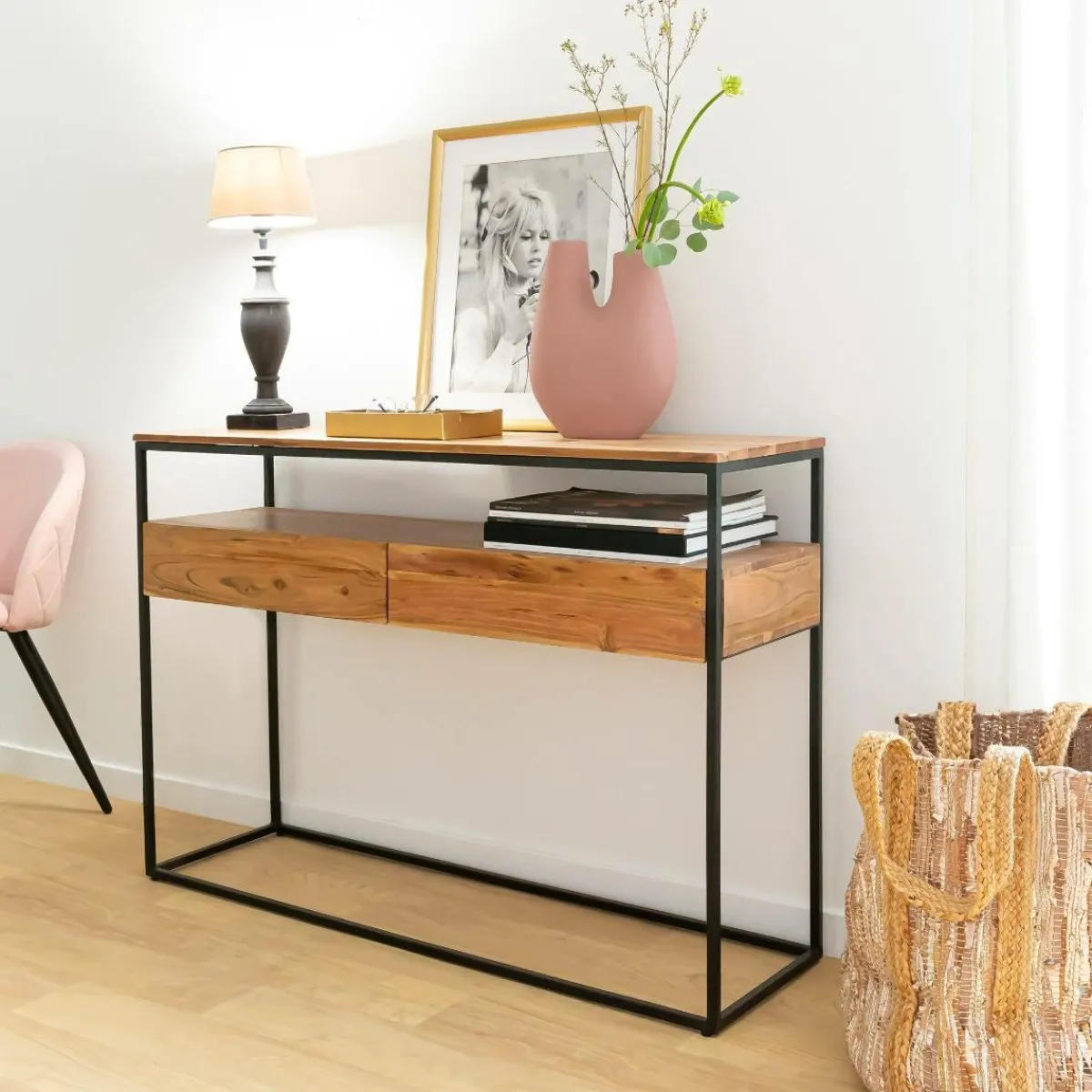 Made in Meubles Console en bois d'acacia et métal Etienne