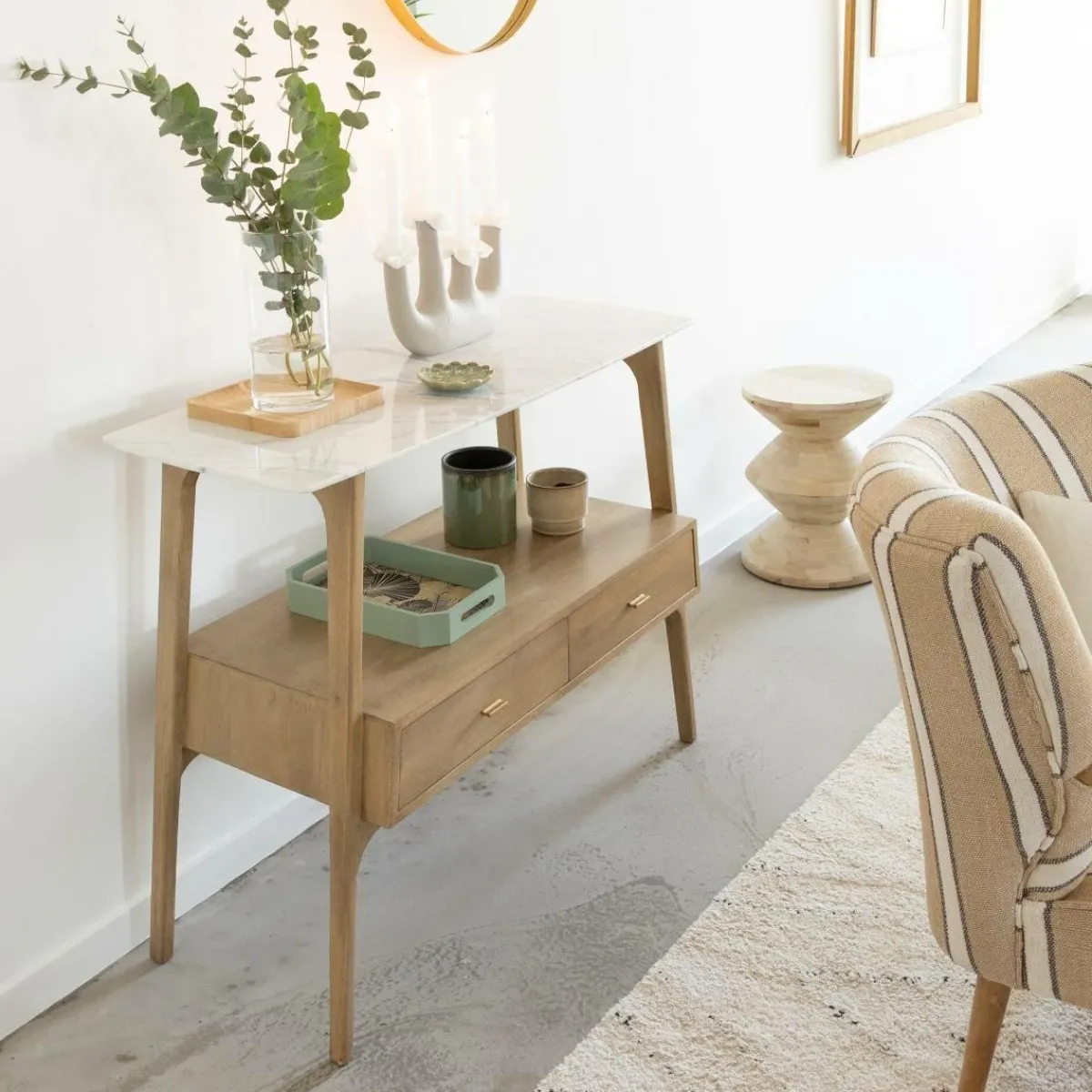 Made in Meubles Console en bois de manguier et marbre Hari