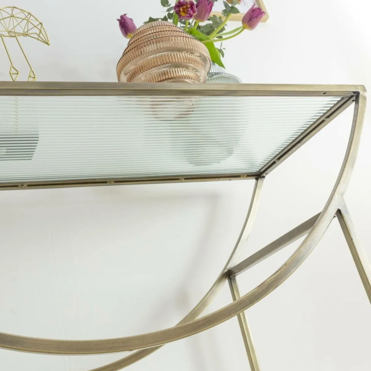 Made in Meubles Console en métal doré et verre Léa