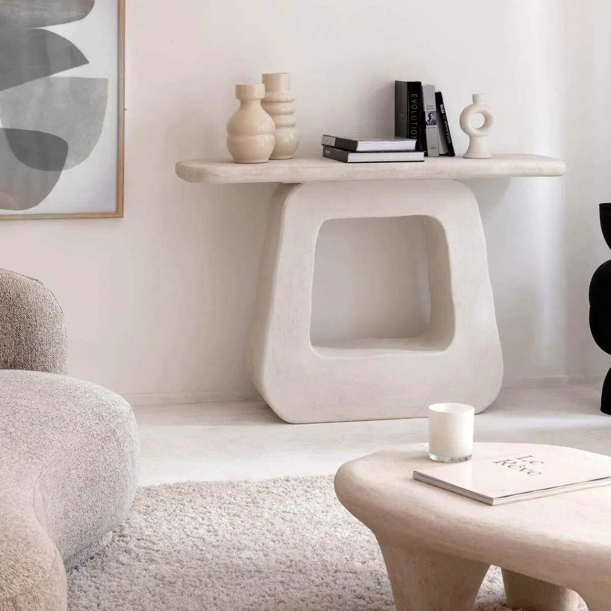 Made in Meubles Console pied central en bois effet béton blanc Danaé
