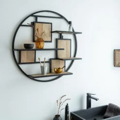 Made in Meubles Etagère ronde en bois de manguier et métal Noam