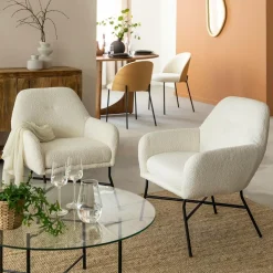 Made in Meubles Fauteuil blanc en tissu bouclette Amandine