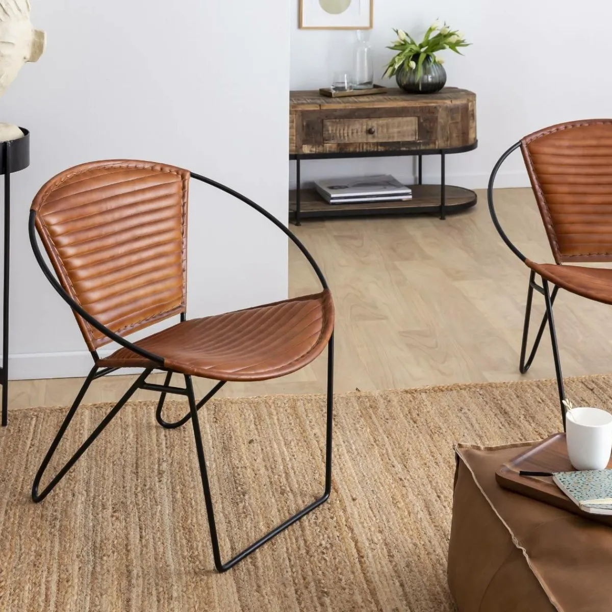 Made in Meubles Fauteuil en cuir marron et métal Jaya