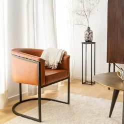 Made in Meubles Fauteuil en cuir marron et métal Sacha