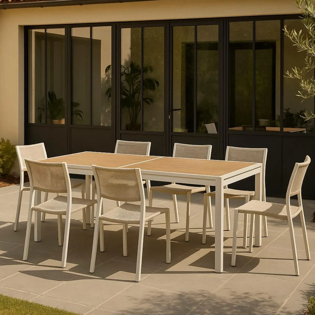 Made in Meubles Grande table de jardin en aluminium blanc et effet bois Ayden