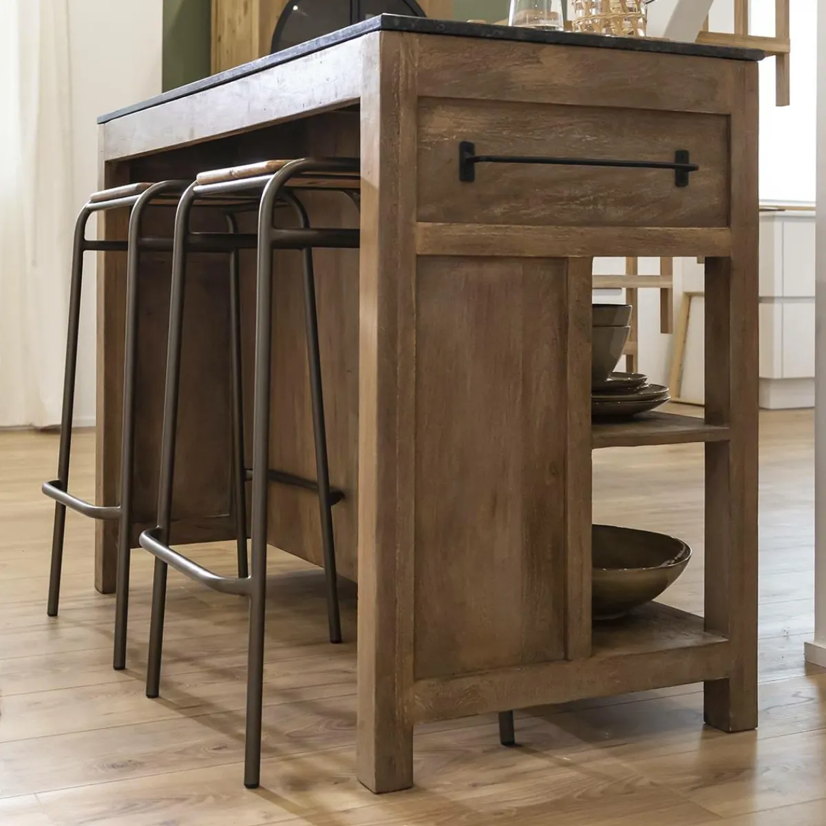 Made in Meubles Ilot central en bois de manguier et plateau en marbre Paul