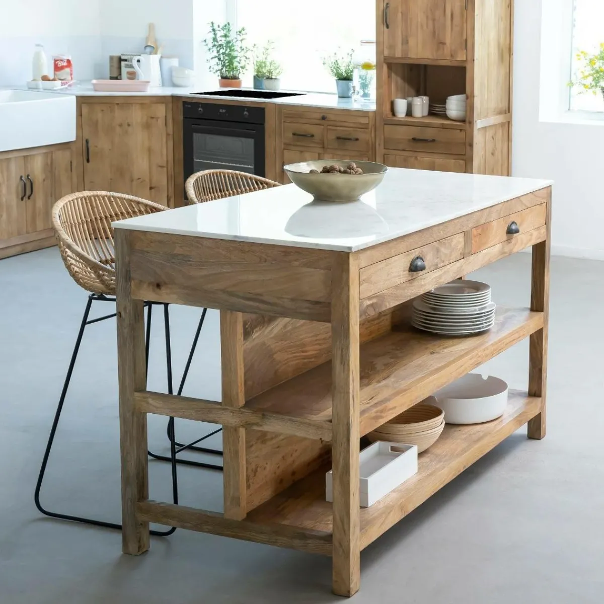 Made in Meubles Ilot central en bois de manguier et marbre blanc Louisa