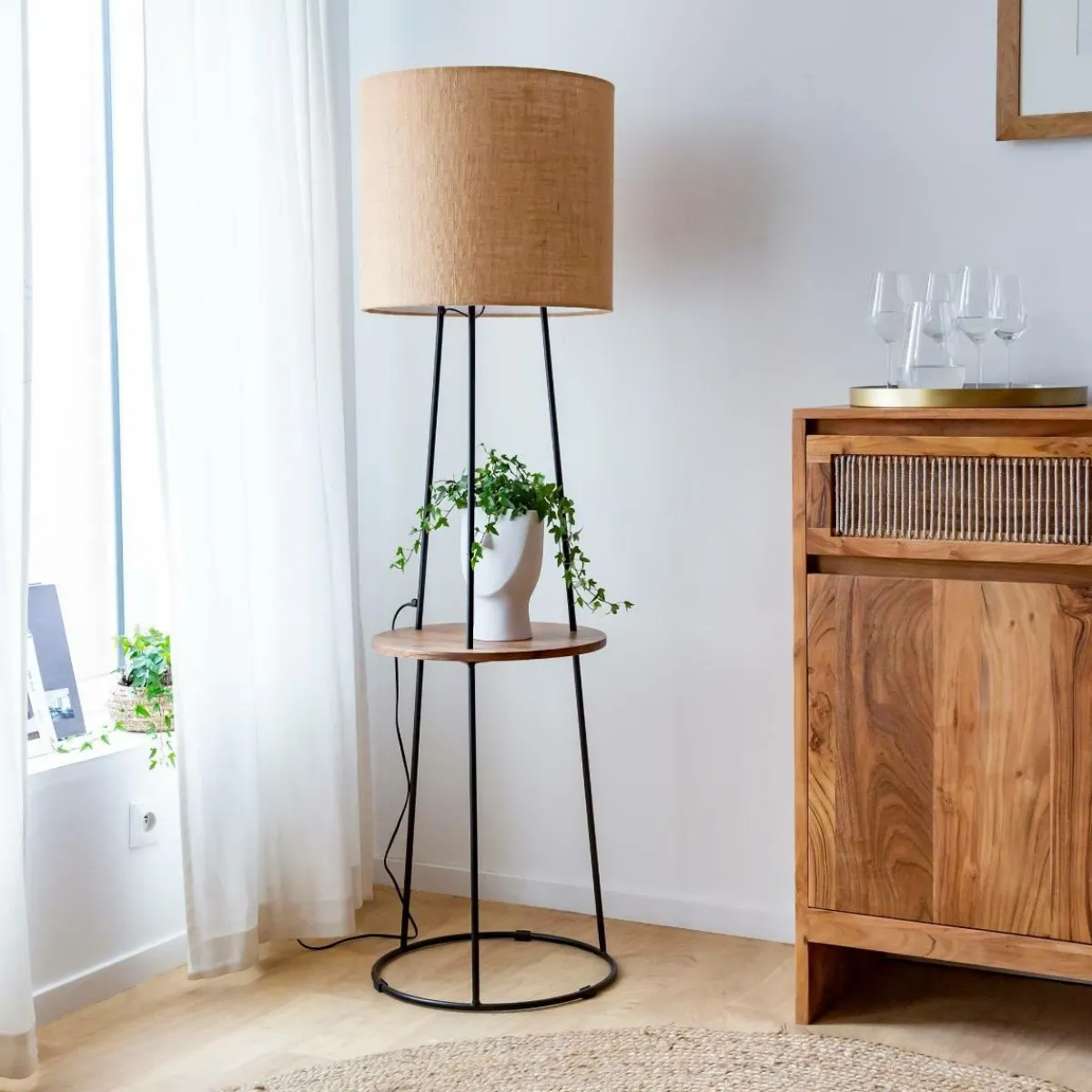 Made in Meubles Lampe sur pied avec tablette en jute Odessa
