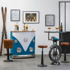 Made in Meubles Meuble bar bleu avec plateau en bois de manguier Combi