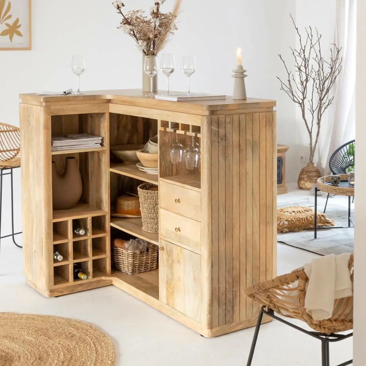 Made in Meubles Meuble bar en angle bois de manguier Lou