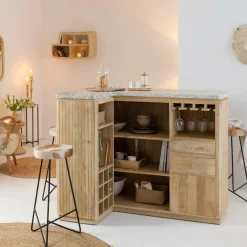 Made in Meubles Meuble bar en angle bois de manguier et terrazzo Lou